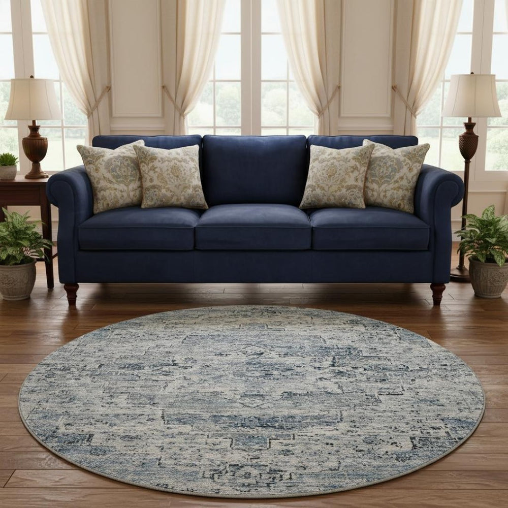 HomeRoots 8' Sky Blue Floral Medallion Round Rug – Washable, Stain-Resistant, UV Protected for Home & Outdoor Use 705092