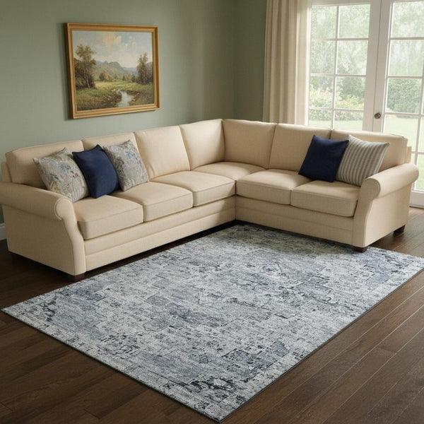 HomeRoots 8' X 10' Sky Blue Floral Medallion Area Rug - Washable, UV Protected & Perfect for High-Traffic Spaces 705093
