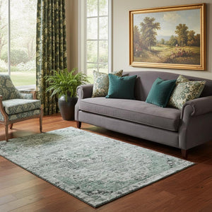 HomeRoots 5' X 8' Elegant Teal and Gray Floral Medallion Washable Area Rug with UV Protection & Durability 705097