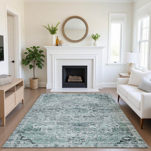 HomeRoots 5' X 8' Elegant Teal and Gray Floral Medallion Washable Area Rug with UV Protection & Durability 705097