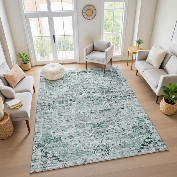 HomeRoots 5' X 8' Elegant Teal and Gray Floral Medallion Washable Area Rug with UV Protection & Durability 705097