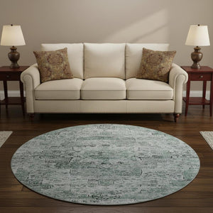 HomeRoots 8' Teal and Gray Floral Medallion Round Rug - Washable, UV-Protected, Durable Design for Any Space 705098