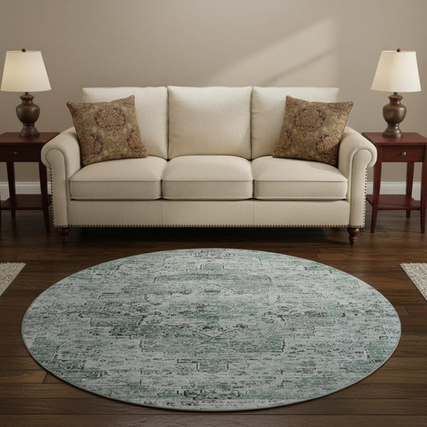 HomeRoots 8' Teal and Gray Floral Medallion Round Rug - Washable, UV-Protected, Durable Design for Any Space 705098