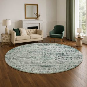 HomeRoots 8' Teal and Gray Floral Medallion Round Rug - Washable, UV-Protected, Durable Design for Any Space 705098