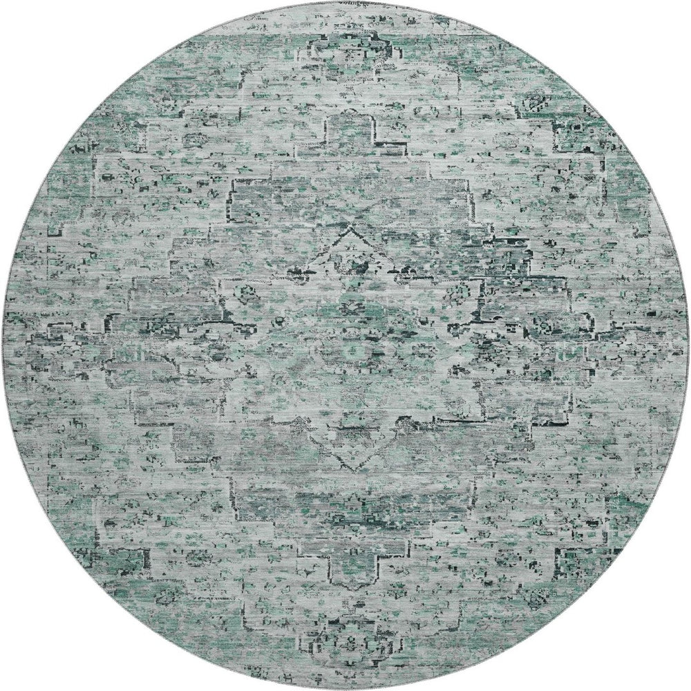 HomeRoots 8' Teal and Gray Floral Medallion Round Rug - Washable, UV-Protected, Durable Design for Any Space 705098