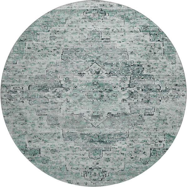 HomeRoots 8' Teal and Gray Floral Medallion Round Rug - Washable, UV-Protected, Durable Design for Any Space 705098
