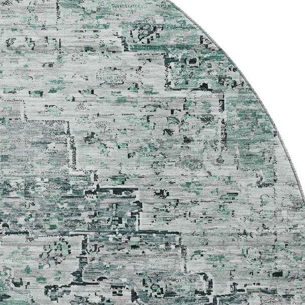 HomeRoots 8' Teal and Gray Floral Medallion Round Rug - Washable, UV-Protected, Durable Design for Any Space 705098