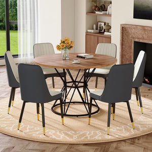 English Elm Table and Chair Set Round Walnut Mdf Dining with Six Two-tone Pu Seats Gold Legs W1151S04844