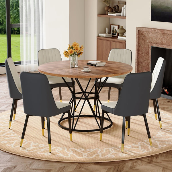 English Elm Table and Chair Set Round Walnut Mdf Dining with Six Two-tone Pu Seats Gold Legs W1151S04844