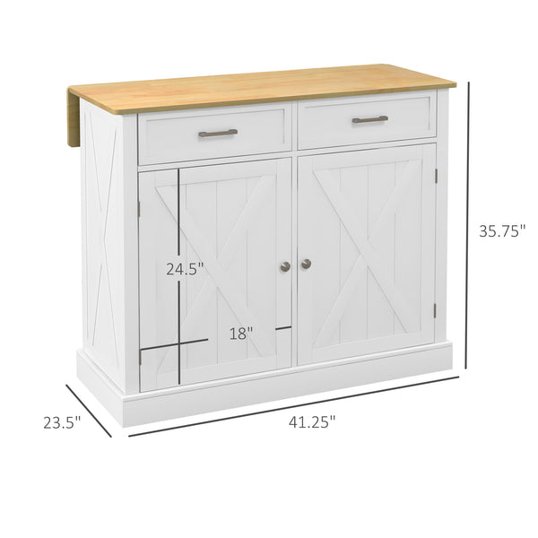 English Elm HOMCOM Mobile Kitchen Island with Drop Leaf Breakfast Bar, Rubberwood Top, Locking Casters & Storage White W2225P217403