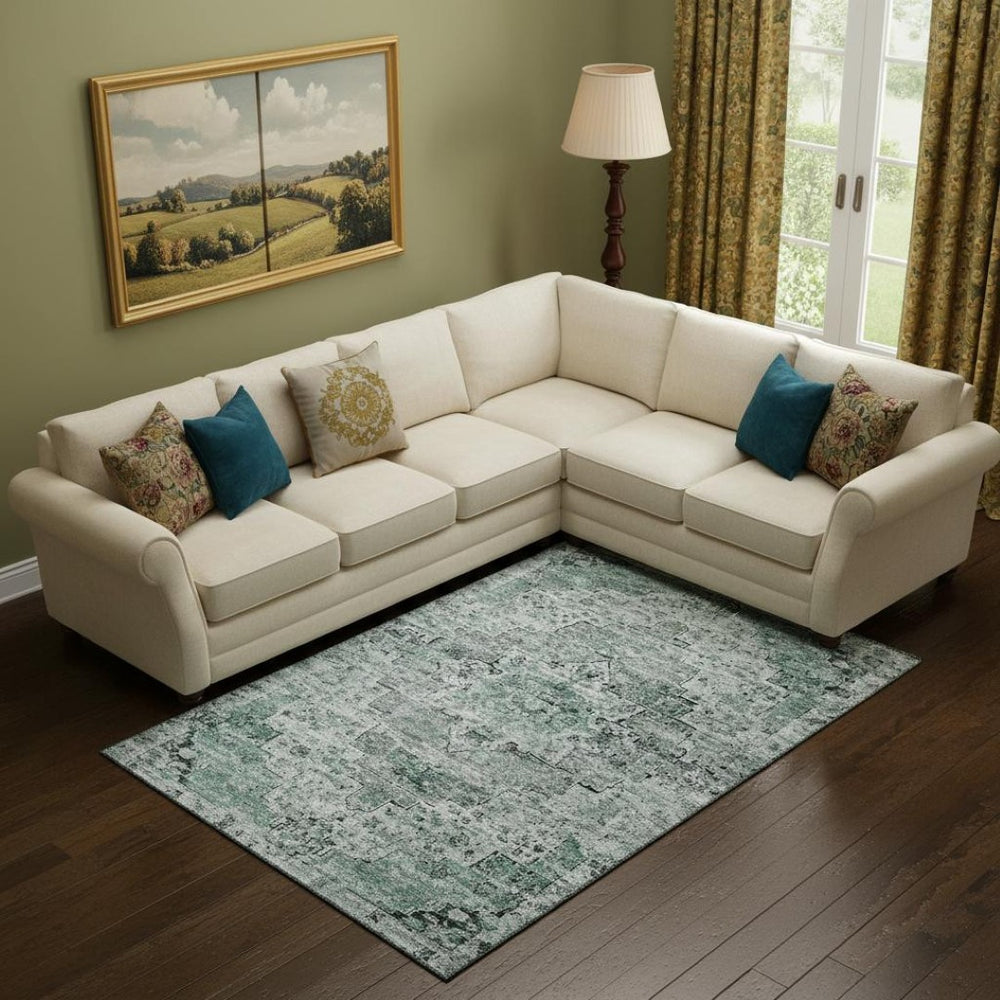 HomeRoots 9' X 12' Teal and Gray Floral Medallion Area Rug – Washable, UV-Protected, Stain-Resistant Comfort 705100