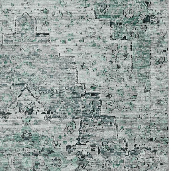 HomeRoots 10' X 14' Teal & Gray Floral Medallion Area Rug - Durable, Washable, UV Protected for All Spaces 705101