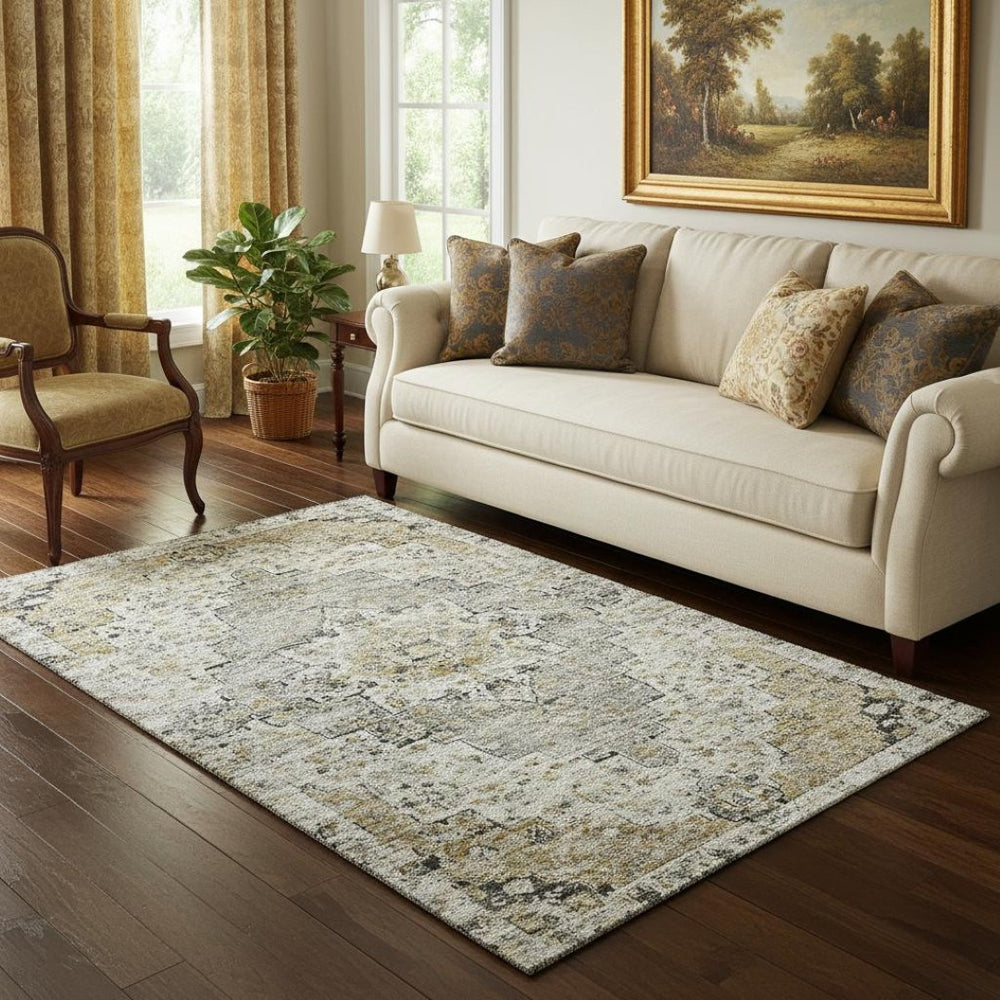 HomeRoots 5' X 8' Floral Medallion Area Rug in Taupe, Beige & Ivory - Durable, Washable & UV Protected Design 705103