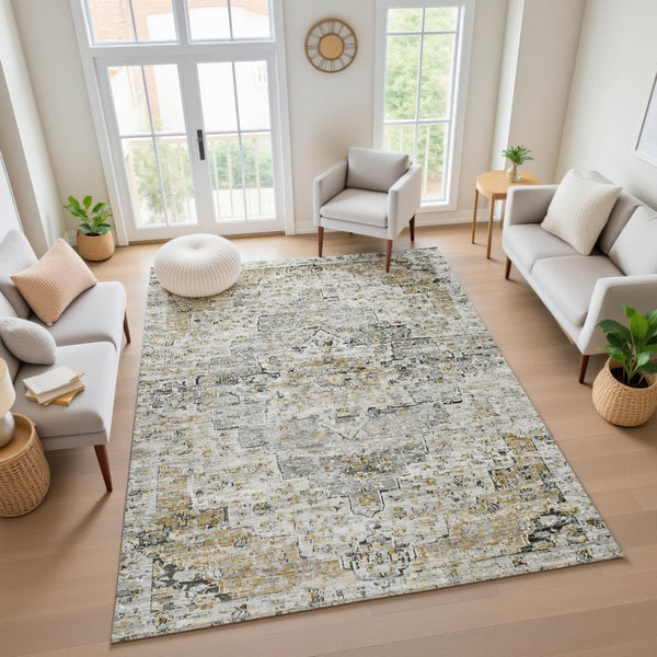 HomeRoots 5' X 8' Floral Medallion Area Rug in Taupe, Beige & Ivory - Durable, Washable & UV Protected Design 705103