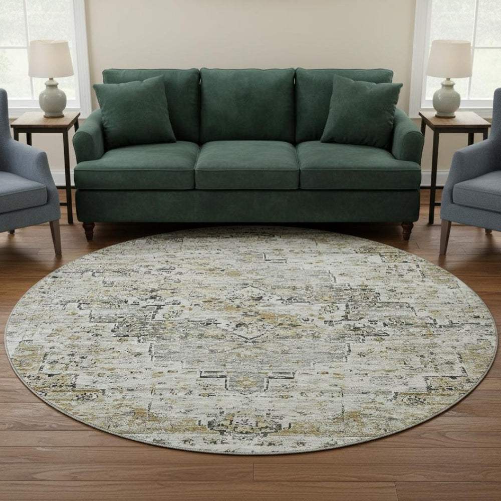 HomeRoots 8' Elegant Taupe Beige & Ivory Floral Medallion Round Rug - Washable, UV Protected, Stain Resistant! 705104