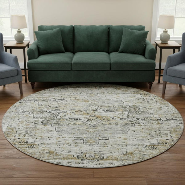 HomeRoots 8' Elegant Taupe Beige & Ivory Floral Medallion Round Rug - Washable, UV Protected, Stain Resistant! 705104