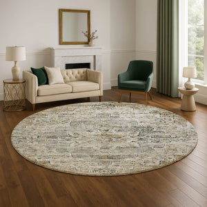 HomeRoots 8' Elegant Taupe Beige & Ivory Floral Medallion Round Rug - Washable, UV Protected, Stain Resistant! 705104