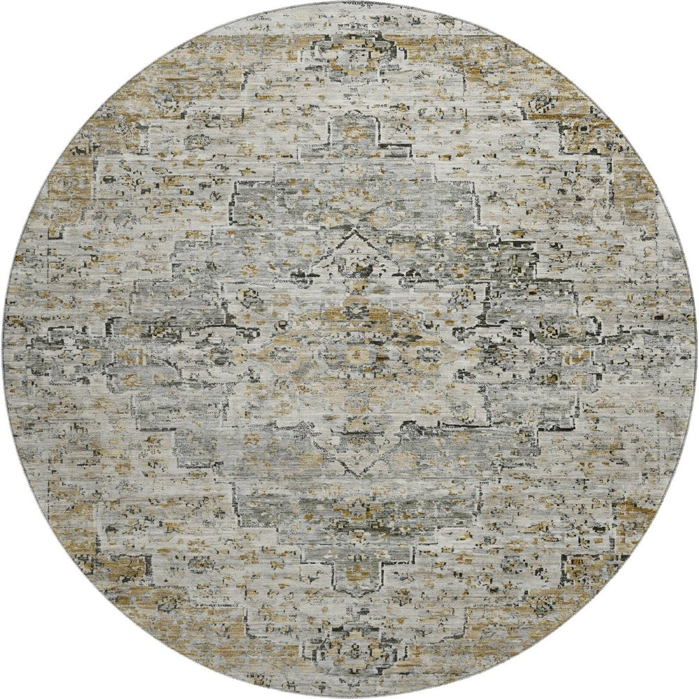 HomeRoots 8' Elegant Taupe Beige & Ivory Floral Medallion Round Rug - Washable, UV Protected, Stain Resistant! 705104