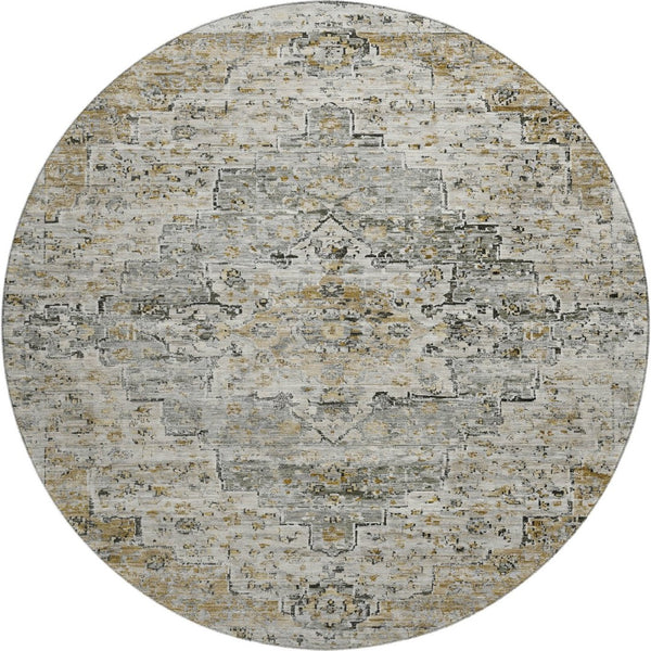 HomeRoots 8' Elegant Taupe Beige & Ivory Floral Medallion Round Rug - Washable, UV Protected, Stain Resistant! 705104