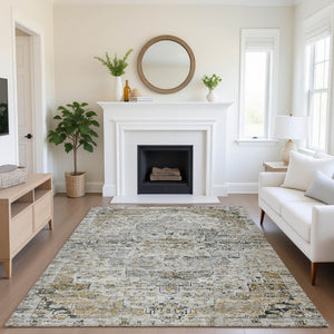 HomeRoots 9' X 12' Washable Floral Medallion Area Rug in Taupe, Beige & Ivory - UV Protection & Stain Resistant 705106