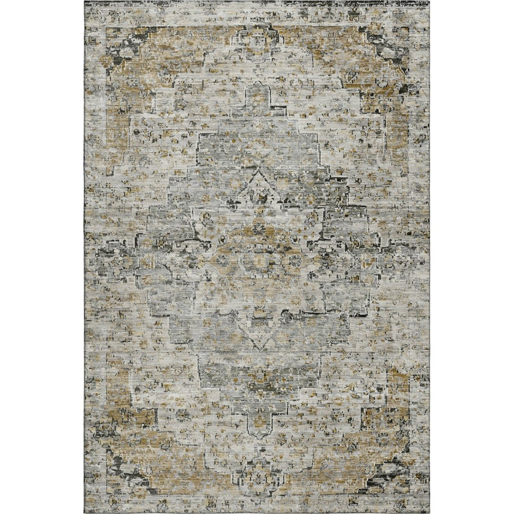 HomeRoots 9' X 12' Washable Floral Medallion Area Rug in Taupe, Beige & Ivory - UV Protection & Stain Resistant 705106