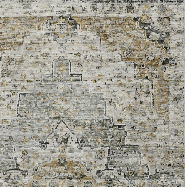 HomeRoots 9' X 12' Washable Floral Medallion Area Rug in Taupe, Beige & Ivory - UV Protection & Stain Resistant 705106