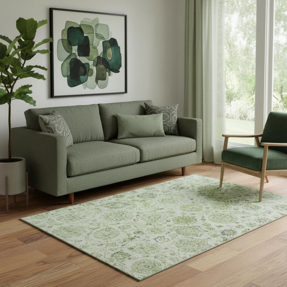 HomeRoots 5' X 8' Artichoke Green & Gray Damask Area Rug – Stylish, Stain-Resistant, UV-Protected for Homes 705109