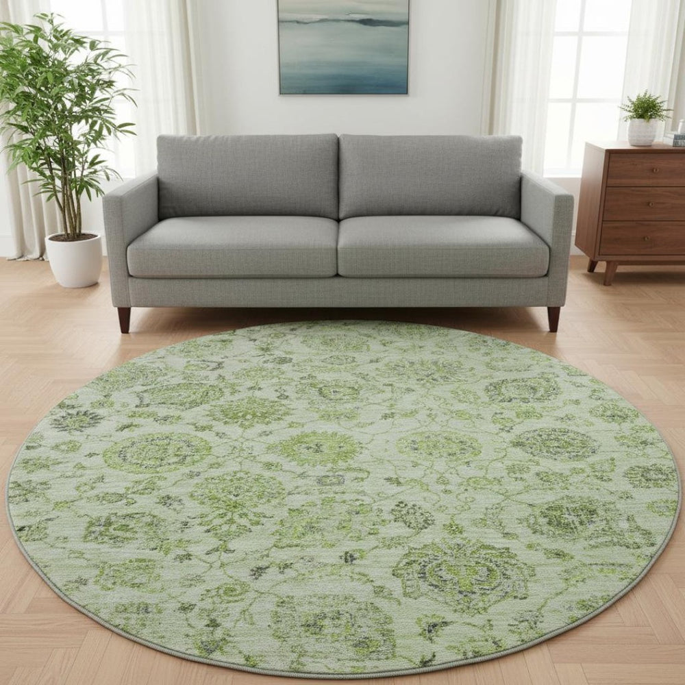 HomeRoots 8' Artichoke Green and Gray Damask Washable Round Rug - Stylish, Durable, UV Protected & Easy Care 705110