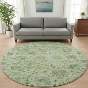HomeRoots 8' Artichoke Green and Gray Damask Washable Round Rug - Stylish, Durable, UV Protected & Easy Care 705110