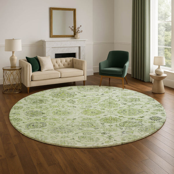 HomeRoots 8' Artichoke Green and Gray Damask Washable Round Rug - Stylish, Durable, UV Protected & Easy Care 705110
