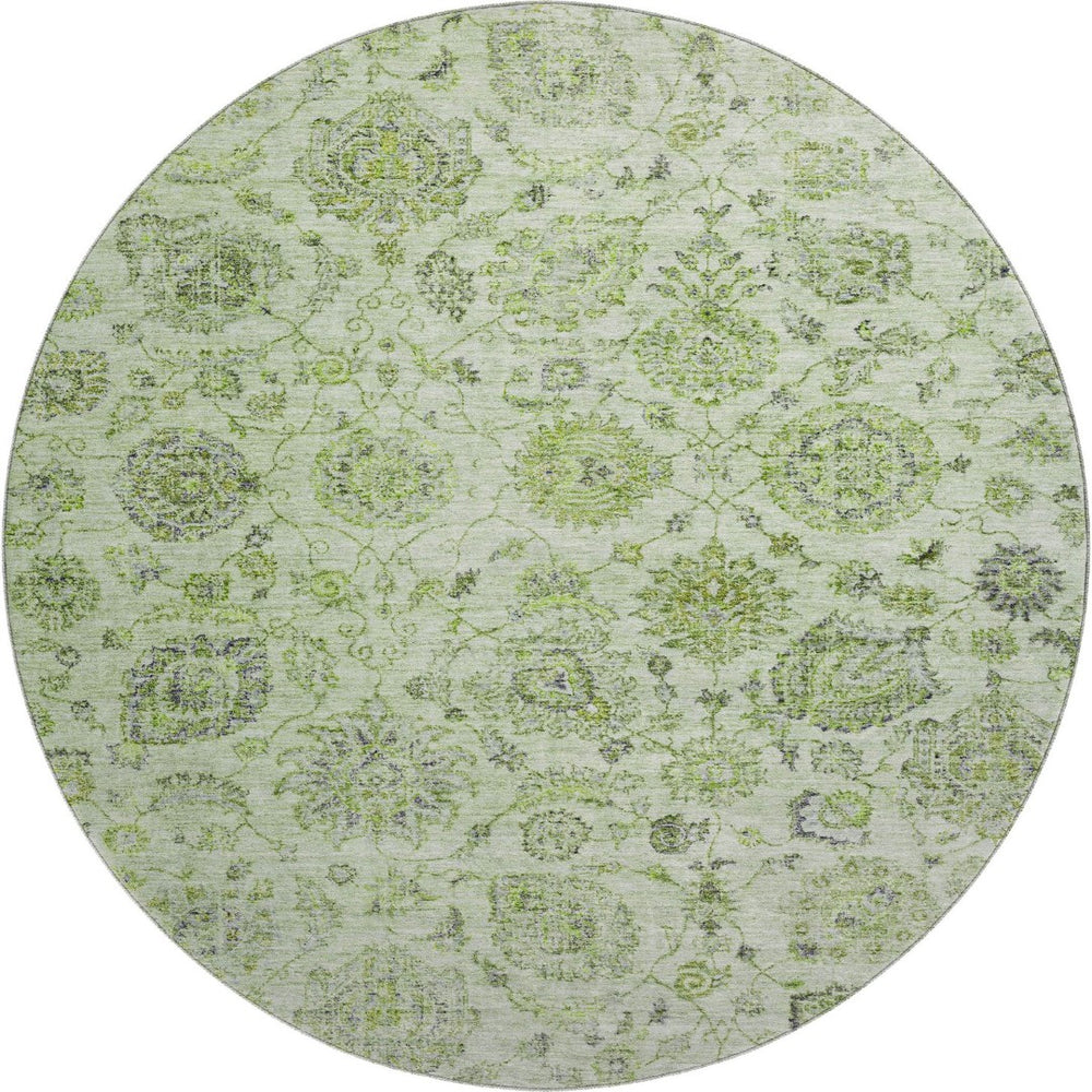 HomeRoots 8' Artichoke Green and Gray Damask Washable Round Rug - Stylish, Durable, UV Protected & Easy Care 705110