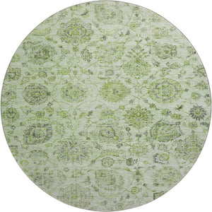HomeRoots 8' Artichoke Green and Gray Damask Washable Round Rug - Stylish, Durable, UV Protected & Easy Care 705110
