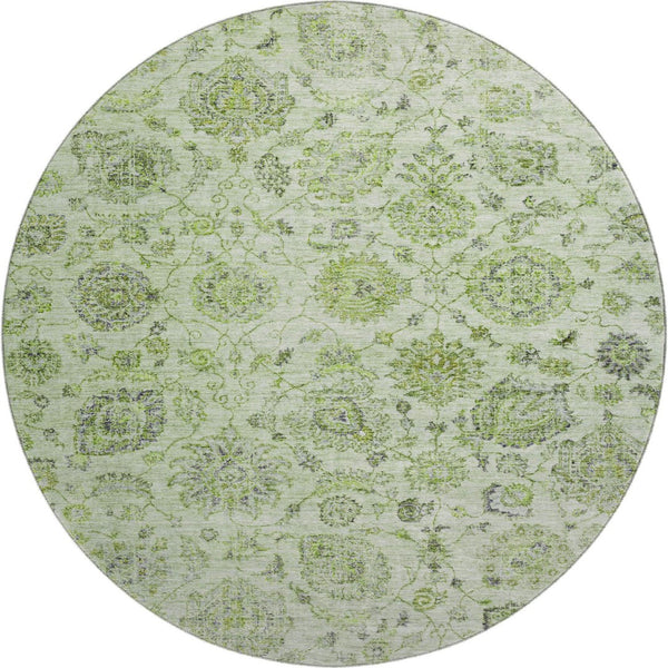 HomeRoots 8' Artichoke Green and Gray Damask Washable Round Rug - Stylish, Durable, UV Protected & Easy Care 705110