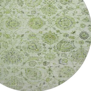 HomeRoots 8' Artichoke Green and Gray Damask Washable Round Rug - Stylish, Durable, UV Protected & Easy Care 705110