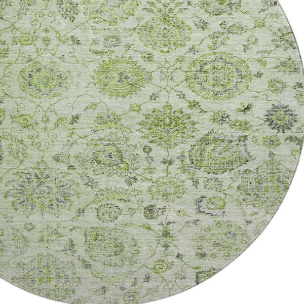 HomeRoots 8' Artichoke Green and Gray Damask Washable Round Rug - Stylish, Durable, UV Protected & Easy Care 705110