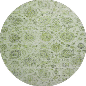 HomeRoots 8' Artichoke Green and Gray Damask Washable Round Rug - Stylish, Durable, UV Protected & Easy Care 705110