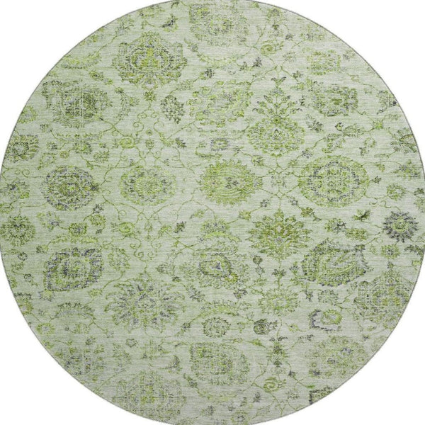 HomeRoots 8' Artichoke Green and Gray Damask Washable Round Rug - Stylish, Durable, UV Protected & Easy Care 705110