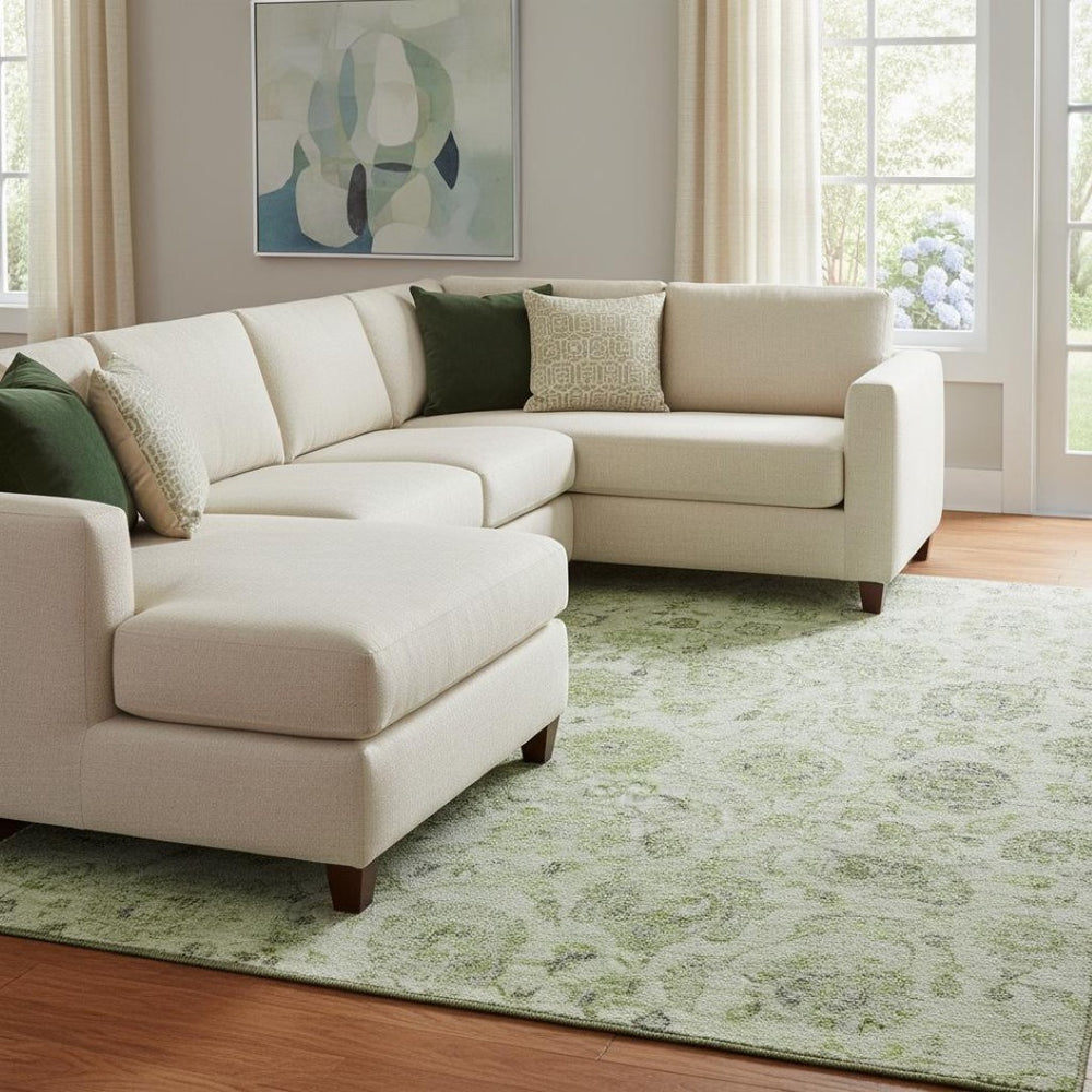 HomeRoots 8' X 10' Elegant Artichoke Green & Gray Damask Washable Area Rug with UV Protection & Durability 705111