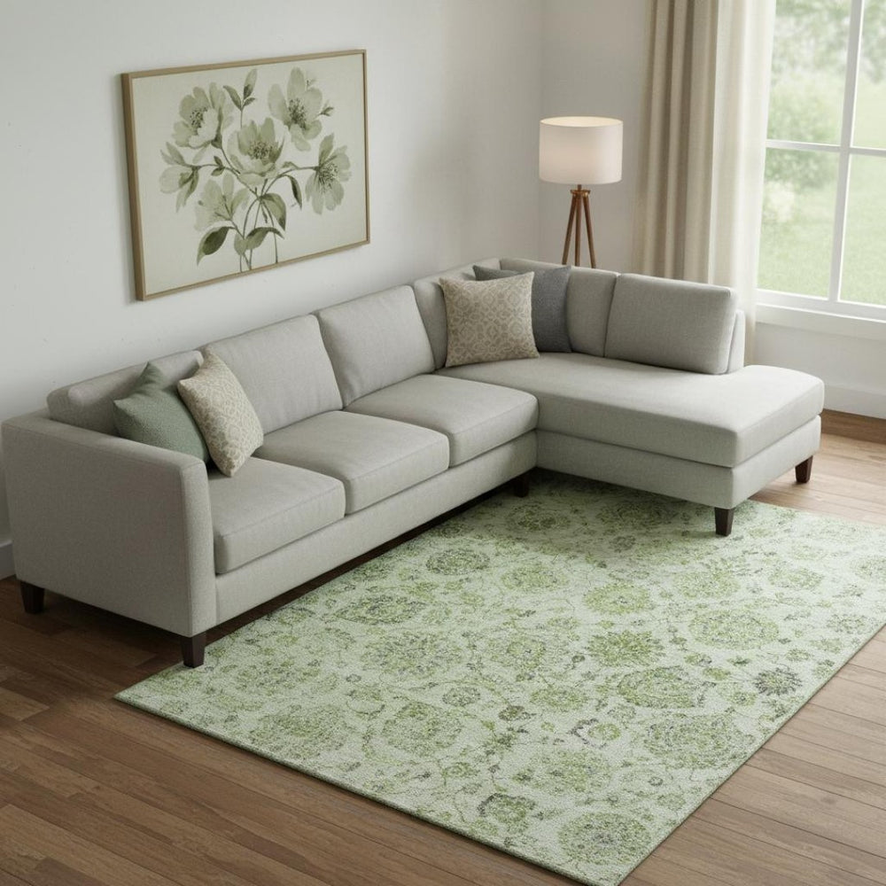 HomeRoots 9' X 12' Elegant Artichoke Green & Gray Damask Area Rug – Washable, UV Protected, Low Maintenance! 705112