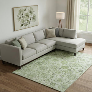 HomeRoots 9' X 12' Elegant Artichoke Green & Gray Damask Area Rug – Washable, UV Protected, Low Maintenance! 705112