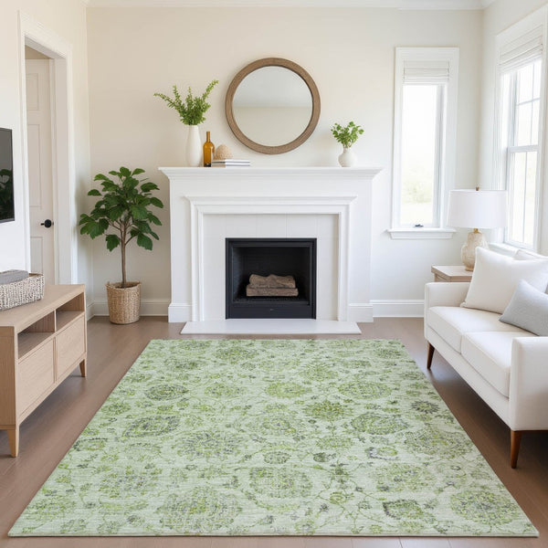 HomeRoots 9' X 12' Elegant Artichoke Green & Gray Damask Area Rug – Washable, UV Protected, Low Maintenance! 705112