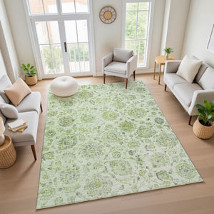 HomeRoots 9' X 12' Elegant Artichoke Green & Gray Damask Area Rug – Washable, UV Protected, Low Maintenance! 705112