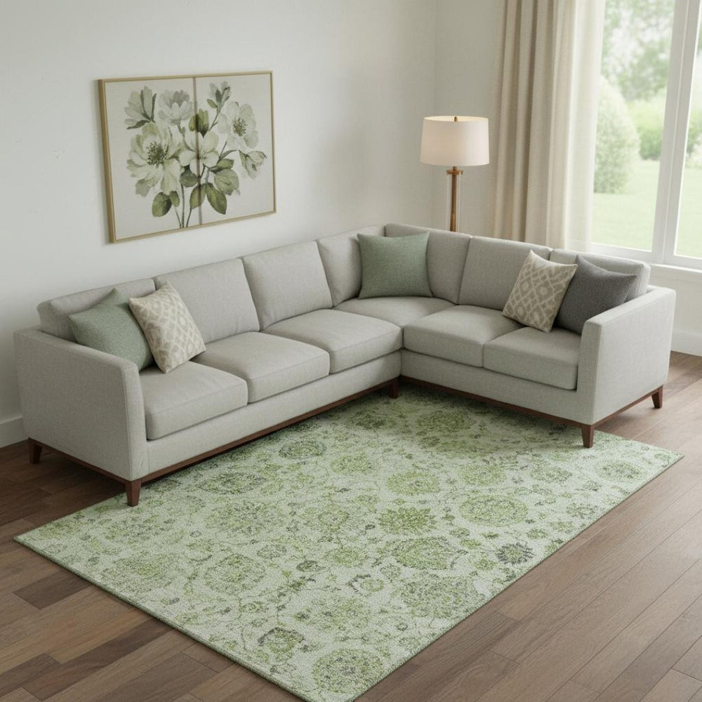 HomeRoots 10' Artichoke Green & Gray Damask Area Rug – Washable, Stain Resistant, UV Protected, Durable Design 705113