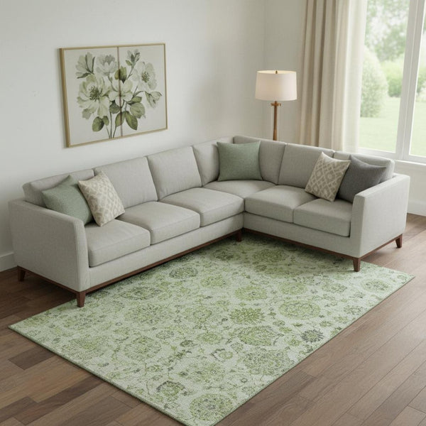 HomeRoots 10' Artichoke Green & Gray Damask Area Rug – Washable, Stain Resistant, UV Protected, Durable Design 705113