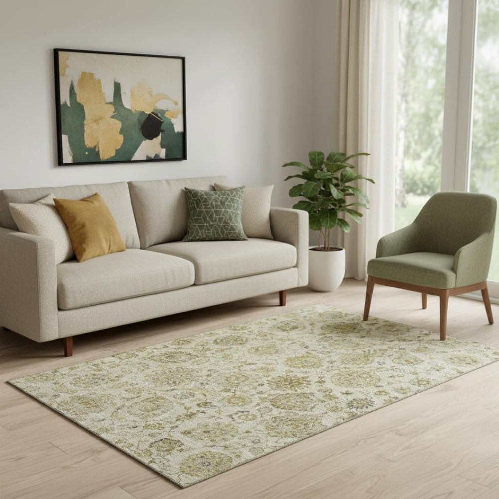 HomeRoots 5' X 8' Washable Beige & Wheat Damask Area Rug - Stain Resistant, UV Protected, Non-Slip Design 705115