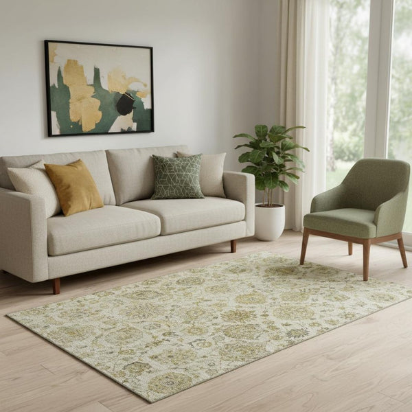 HomeRoots 5' X 8' Washable Beige & Wheat Damask Area Rug - Stain Resistant, UV Protected, Non-Slip Design 705115