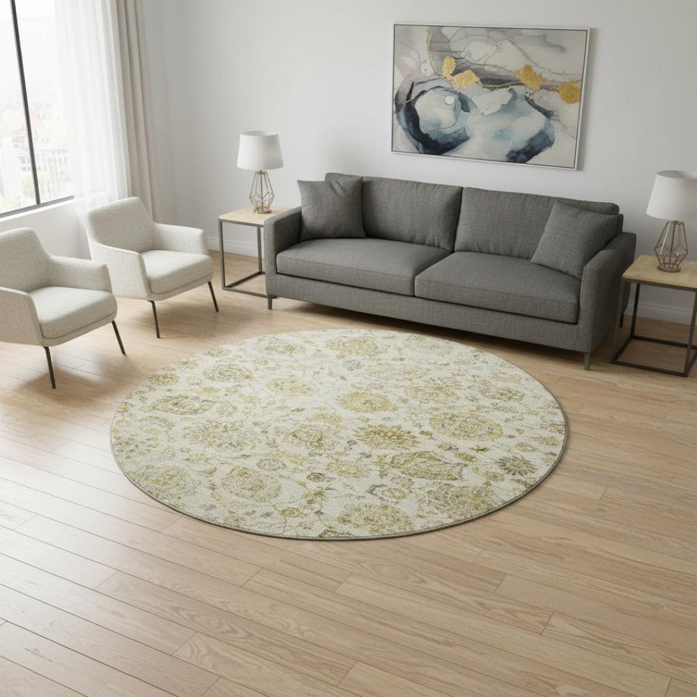 HomeRoots 8' Beige and Wheat Damask Washable Round Rug with UV Protection - Elegant, Durable & Stain-Resistant! 705116