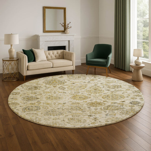 HomeRoots 8' Beige and Wheat Damask Washable Round Rug with UV Protection - Elegant, Durable & Stain-Resistant! 705116