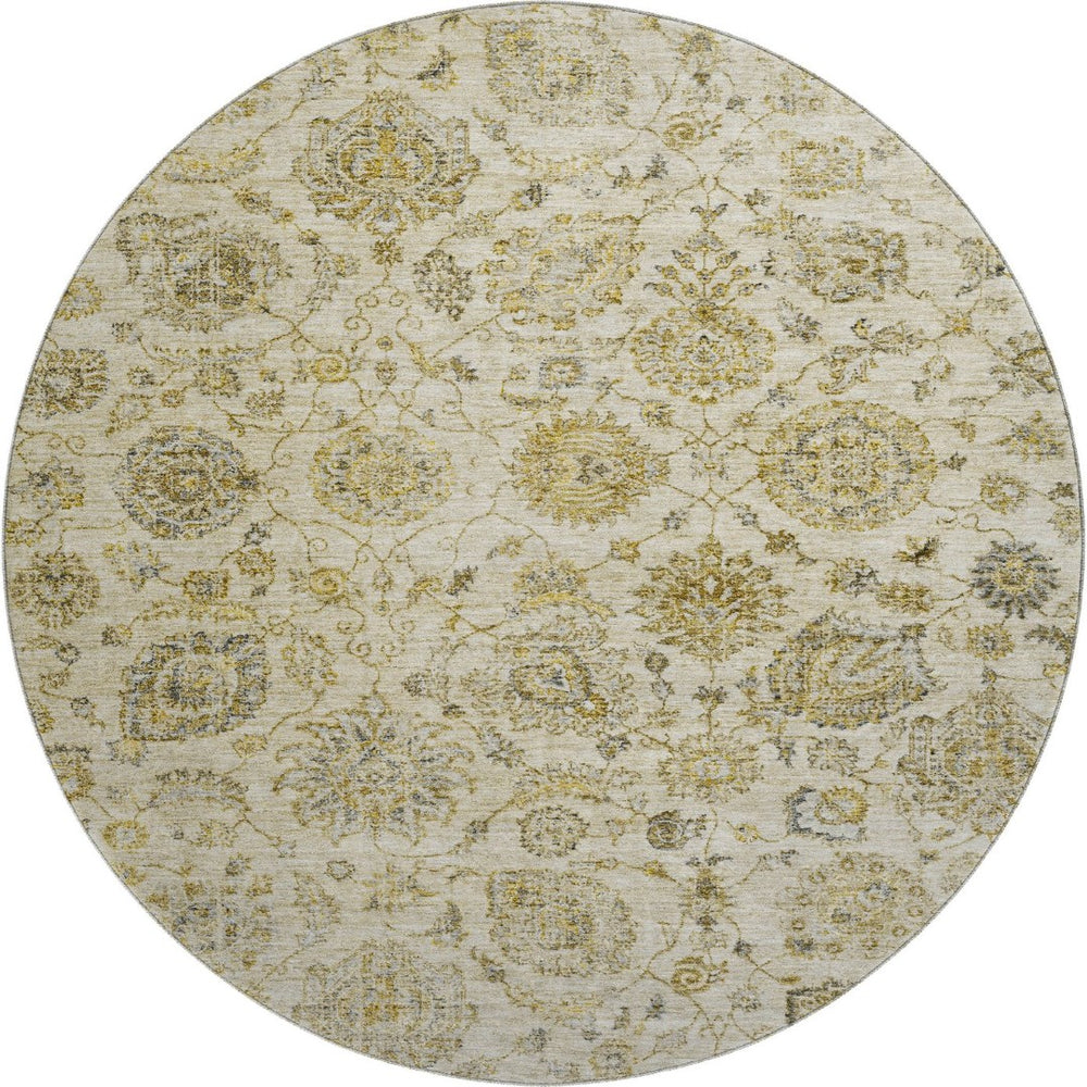 HomeRoots 8' Beige and Wheat Damask Washable Round Rug with UV Protection - Elegant, Durable & Stain-Resistant! 705116