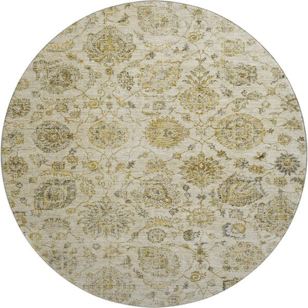 HomeRoots 8' Beige and Wheat Damask Washable Round Rug with UV Protection - Elegant, Durable & Stain-Resistant! 705116